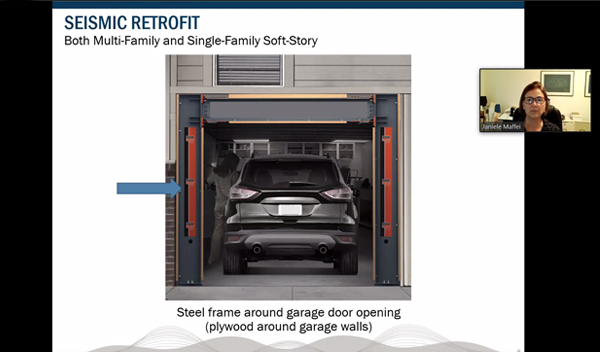 Image: CEA’s Janiele Maffei explaining how a seismic retrofit can strengthen a home with living space over a garage, during a Zoom webinar on October 13