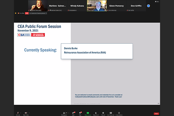 Image: An industry group representative sharing insight about reinsurance and input on discussed topics during CEA’s public stakeholder forum on November 9, 2021. From left: Patricia Thron, American Sign Language interpreter; Dennis Burke, Reinsurance Association of America.