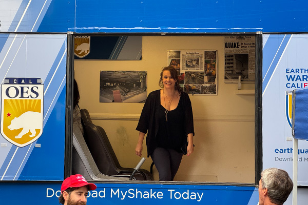 Image: Diana stands up after experiencing the earthquake simulator.