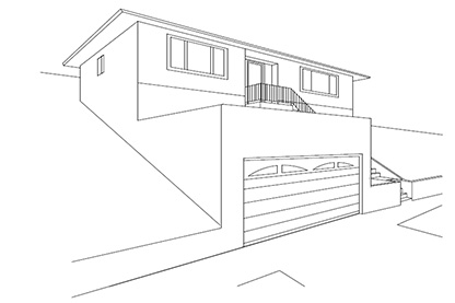 Image: Blueprint drawing of a two story hillside house with garage