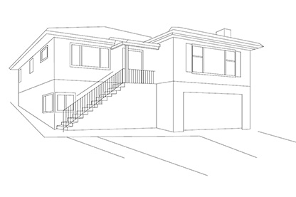 Image: Blueprint drawing of a large two story hillside house with garage