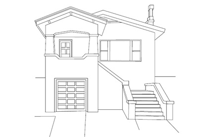 Drawing: Front of ESS house with porch and driveway