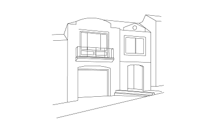 Drawing: Side view of house with living space over garage.